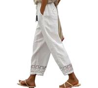CHUNOTU - Pantalones de lino para mujer con cordón elástico en la cintura bordada, pantalones cortos de pierna recta, para verano, playa, descanso, yoga, capris, blanco, S