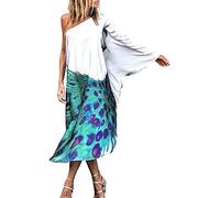 Chunoy Vestido largo de caftán suelto con dobladillo asimétrico para mujer con un hombro, Pavo real//Isla de Palma, Large