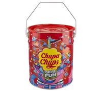 Chupa Chups El mejor cubo para piruletas, 150 piruletas en una lata de almacenamiento, lata de metal Pop-Art con 6 sabores, caramelos para compartir, regalo, fiesta u oficina
