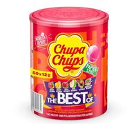 Chupa Chups - Tubo 50 Sucettes The Best Of - Sucettes à la Pulpe de Fruit + Sucettes Cola et Milky - Idéal pour Fêtes d'Anniversaires - Présentoir Décoratif Original - Boite Chupa Chups de 0,6 Kg