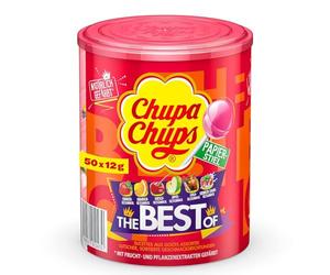 Chupa Chups - Tubo 50 Sucettes The Best Of - Sucettes à la Pulpe de Fruit + Sucettes Cola et Milky - Idéal pour Fêtes d'Anniversaires - Présentoir Décoratif Original - Boite Chupa Chups de 0,6 Kg