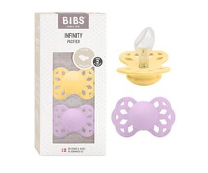 Chupete anatómico BIBS Infinity, paquete de 2, sin BPA, Pezonera anatómica. Silicona, Hecho en Dinamarca, 6+ meses (Paquete de 2), Pale Butter/Violet Sky