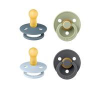 Chupete BIBS Colour, paquete de 4, chupete sin BPA, Tetina redonda. Látex natural, Hecho en Dinamarca, 6+ meses (Paquete de 4), Baby Blue Mix