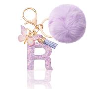 CHUQING Llavero con forma de letra, regalos para niñas, llavero con pompón, letras iniciales, letras, mariposas, para mujeres, mujeres, regalo de cumpleaños, Púrpura-r, S
