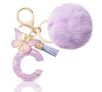 CHUQING Llavero con forma de letra, regalos para niñas, llavero con pompón, letras iniciales, letras, mariposas, para mujeres, mujeres, regalo de cumpleaños, Lila-c, S