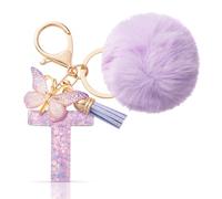 CHUQING Llavero con forma de letra, regalos para niñas, llavero con pompón, letras iniciales, letras, mariposas, para mujeres, mujeres, regalo de cumpleaños, Púrpura-T, S