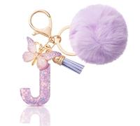 CHUQING Llavero con forma de letra, regalos para niñas, llavero con pompón, letras iniciales, letras, mariposas, para mujeres, mujeres, regalo de cumpleaños, Lila-j, S