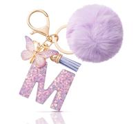 CHUQING Llavero con forma de letra, regalos para niñas, llavero con pompón, letras iniciales, letras, mariposas, para mujeres, mujeres, regalo de cumpleaños, Púrpura-M, S