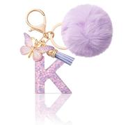 CHUQING Llavero con forma de letra, regalos para niñas, llavero con pompón, letras iniciales, letras, mariposas, para mujeres, mujeres, regalo de cumpleaños, Lila-k, S