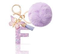 CHUQING Llavero con forma de letra, regalos para niñas, llavero con pompón, letras iniciales, letras, mariposas, para mujeres, mujeres, regalo de cumpleaños, Lila-f, S