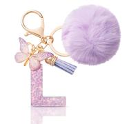 CHUQING Llavero con forma de letra, regalos para niñas, llavero con pompón, letras iniciales, letras, mariposas, para mujeres, mujeres, regalo de cumpleaños, Lila-l, S