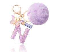 CHUQING Llavero con forma de letra, regalos para niñas, llavero con pompón, letras iniciales, letras, mariposas, para mujeres, mujeres, regalo de cumpleaños, Púrpura-n, S