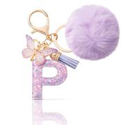 CHUQING Llavero con forma de letra, regalos para niñas, llavero con pompón, letras iniciales, letras, mariposas, para mujeres, mujeres, regalo de cumpleaños, Púrpura-p, S