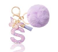 CHUQING Llavero con forma de letra, regalos para niñas, llavero con pompón, letras iniciales, letras, mariposas, para mujeres, mujeres, regalo de cumpleaños, Púrpura-S, S