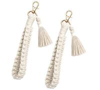 CHUQING Llavero mujer macramé hecho a mano pulsera borla Anyards para llaves, llaves de coche, 2 piezas, Blanco, 15cm
