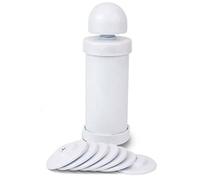 Churrera manual de plástico, de color blanco con 8 boquillas de diferentes cortes o grosores, de 22 x 7,5 x 7,5 cm. Utensilio para realizar labores de pastelería o repostería.