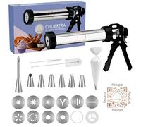 Churrera profesional de acero inoxidable 304 sin BPA certificada por la UE - Kit para churros, porras y galletas con manga pastelera 41 cm, 12 discos, 7 boquillas y recetario QR - YARANA