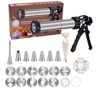 Churrera profesional de acero inoxidable 304 sin BPA certificada por la UE - Kit para churros, porras y galletas con manga pastelera 41 cm, 12 discos, 7 boquillas y recetario QR - YARANA