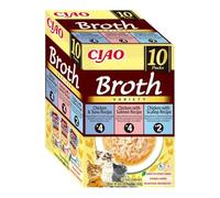 INABA Ciao Broth Gatos - Receta Saludable de Caldo de Pollo, 3 Sabores Diferentes - Comida Húmeda con Tiras de Pollo, Salmón, Atún y Vieira - Natural, sin Cereales - 400g (10 Sobres x 40g)