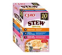 INABA Ciao Stew Gatos - Receta Saludable de Estofado Cremoso con Pollo, Atún y Salmón - Comida Húmeda con Tiras de Pollo - Alimento Natural sin Cereales - 400g (10 Sobres x 40g)