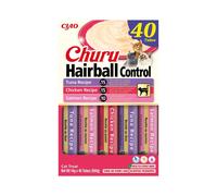 INABA Churu Hairball Control, Snack Cremoso para Gatos contra Las Bolas de Pelo, con Atún, Pollo y Salmón, Puré Suave con Fibra Añadida, Rico en Omega 3 y 6, Alto Contenido en Humedad, 40 Tubos x 14g