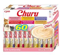 CHURU - INABA, 60 UNIDADES MIX Variedades de Snacks Sludables Base De ATÚN, Premio para Gatos, Premio Delicoso, Snack Liquido