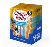 Churu Rolls by INABA Dog Treat - Paquete de 8 Paquetes con Sabor a Pollo (64 x 12 g en Total) / Palitos crujientes con Relleno cremoso para Perros, Aperitivo Delicioso y Saludable