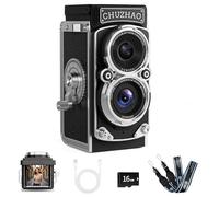 CHUZHAO - Mini cámara digital retro, estilo TLR vintage para apuntar y disparar, cámara de vlogging de enfoque automático, compacta y portátil, tarjeta de 16 GB incluida, ideal para principiantes