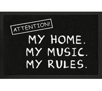Chwarz,aus Polypropylen und Rutschfester Gummi-un - Attention! - Felpudo, diseño con texto "My Home.My Music.My Rules.S"