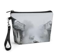 CHYDANY Ancient Town in The Morning Mist - Bolsa de maquillaje de piel sintética, bolsa de maquillaje con asa y cremallera, bolsa de cosméticos para madre, amigos y mujeres, 8.9 x 2.6 x 5.7 pulgadas