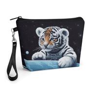 CHYDANY Little Tiger in Space - Bolsa de maquillaje de piel sintética, bolsa de maquillaje con asa y cremallera, bolsa de cosméticos para madre, amigos y mujeres, 8.9 x 2.6 x 5.7 pulgadas