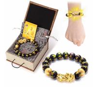 CHYIFSHIYM Biuufish - Pulsera Feng Shui chapada en PiXiu de 24 quilates, ojos de colores, obsidiana, dragón, pulsera de protección para meditación, descompresión, cuentas de oración, pulseras de