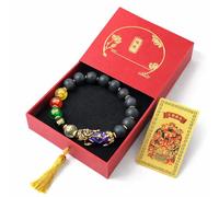 CHYIFSHIYM Pulsera de cuentas negras estilo Feng Shui con dije Pi Xiu, cinco cuentas de la fortuna, pulsera elástica de cuentas mate estilo Shungite, juego de regalo de joyería decorativa con caja