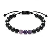 CHYIFSHIYM Shungite - Pulsera de amatista para mujeres y hombres, ajustable de 8 mm, pulsera de cuentas negras y moradas con 3 piedras centrales de amatista, nudo deslizante, joyería de cristal unisex