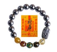 CHYIFSHIYM Terahertz - Pulsera de Feng Shui, cuentas de piedra de terahercio pulidas con diseño de símbolo de cinco colores, pulsera elástica para hombres y mujeres, 10mm, Madera de agar, Sin piedra