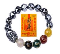 CHYIFSHIYM Terahertz - Pulsera de Feng Shui, cuentas de piedra de terahercio pulidas con diseño de símbolo de cinco colores, pulsera elástica para hombres y mujeres, 12mm, Madera de agar, Sin piedra