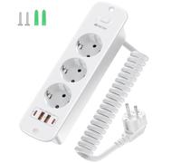 Ciabatta elettrica retrattile a 3 Prese per piani di lavoro con interruttore - 2X USB-C + 2X USB-A - Cavo a spirale da 2 m - Presa di corrente integrata per piani di lavoro (Bianco)