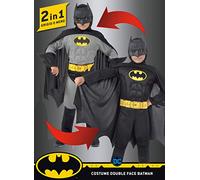 Batman 2-in-1 (Classic/Dark Knight) disfraz niño original DC Comics (Talla 8-10 años) con músculos acolchados