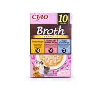 CIAO Broth Variety (10x40 gr) - Caldo Complementario para Gatos Sin Cereales con Extracto de Té Verde y Vitamina E (Pollo, Pollo con Salmón y Pollo con Atún)