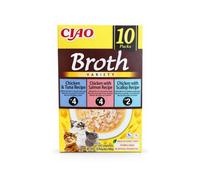CIAO Broth Variety (10x40 gr) - Caldo Complementario para Gatos Sin Cereales con Extracto de Té Verde y Vitamina E (Pollo con Atún, Pollo con Salmón y Pollo con Vieiras)