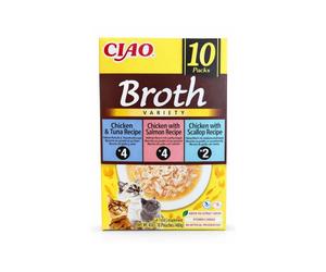 CIAO Broth Variety (10x40 gr) - Caldo Complementario para Gatos Sin Cereales con Extracto de Té Verde y Vitamina E (Pollo con Atún, Pollo con Salmón y Pollo con Vieiras)