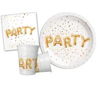 Ciao-Kit Mesa Fiesta Gold Party personas (88 pzas platos Ø23cm, 24 vasos, 40 servilletas), color blanco, oro, (Y4651)