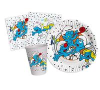 Ciao- Kit Mesa Fiesta Party Pitufos Smurfs para 8 personas (36 piezas: 8 platos Ø18cm, 8 vasos 200ml, 20 servilletas 33x33cm) en papel compostable eco-friendly (Paquete de 6)