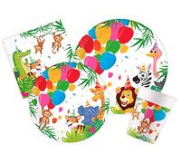 Ciao - Kit Vajilla de Fiesta animales Jungle Balloons para 8 personas (44 pcs: 8 platos Ø23cm, 8 platos Ø20cm, 8 vasos 200ml, 20 servilletas 33x33cm) de papel FSC