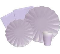 Ciao Kit Vajilla de Fiesta Flower Shape para 24 personas (112 pcs: 24 platos Ø23cm, 24 platos Ø18cm, 24 vasos 250ml, 40 servilletas 33x33cm) de papel compostable eco-friendly, lavanda púrpura