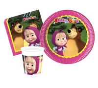 Ciao- Kit Vajilla de Fiesta Masha and the Bear (platos, vasos, servilletas), dibujo animado, Multicolor, 24 personas (AZ068)