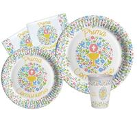 Ciao Kit Vajilla de Fiesta Prima Comunione para 8 personas (44 pcs: 8 platos Ø23cm, 8 platos Ø18cm, 8 vasos 250ml, 20 servilletas 33x33cm) de papel compostable eco-friendly