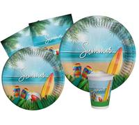 Ciao - Kit Vajilla de Fiesta Summer Beach Party para 24 personas (112 pcs: 24 platos Ø23cm, 24 platos Ø18cm, 24 vasos 250ml, 40 servilletas 33x33cm) de papel compostable eco-friendly