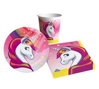 Ciao - Kit Vajilla de Fiesta unicornio Unicorn para 24 personas (88 pcs: 24 platos Ø18cm, 24 vasos 250ml, 40 servilletas 33x33cm) de papel compostable eco-friendly