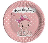 Ciao - Platos de papel compostables Primer cumpleaños (Ø18 cm), 8 unidades, rosa 16-21 cm, 34767